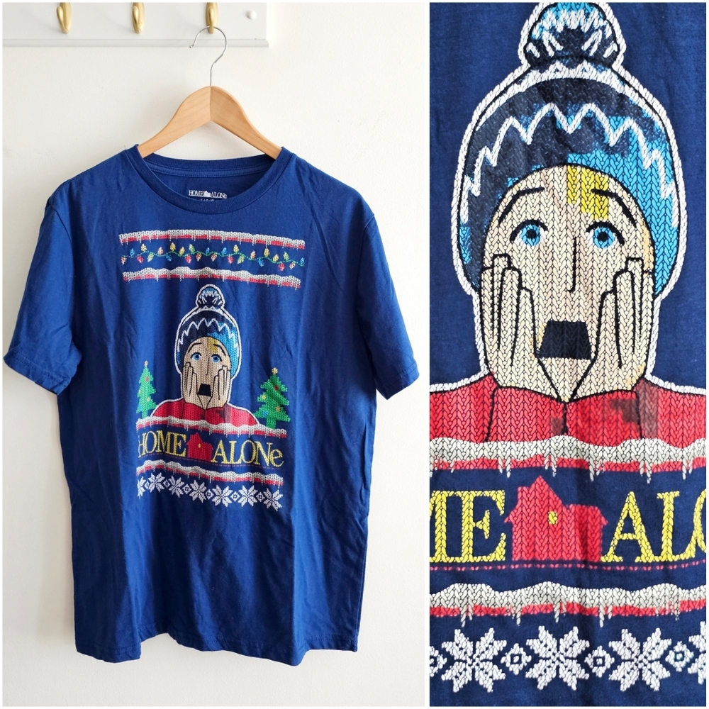🎄 Home Alone Ugly Christmas Movie Graphic T-Shirt Blue Holiday Tee Unisex L